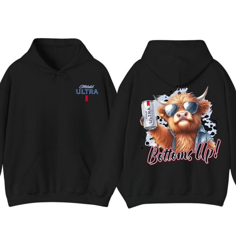Michelob Ultra Bottoms Up Hoodie - Fun Bull Graphic with Beer Theme, Hoodie for Party Enthusiasts, Perfect for Casual Wear, for Men and Women
