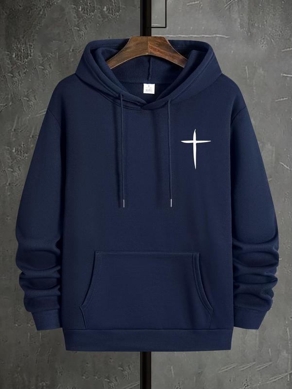 Men's Cross Print Hoodie, Casual Regular Fit Kangaroo Pocket Sweatshirt for Fall & Winter, Men's Daily Wear ClothingÂ
