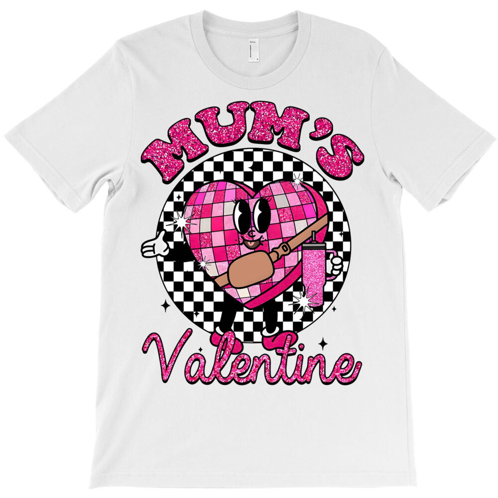 Glitter Mums Valentine Candy Heart Checkered T-Shirt