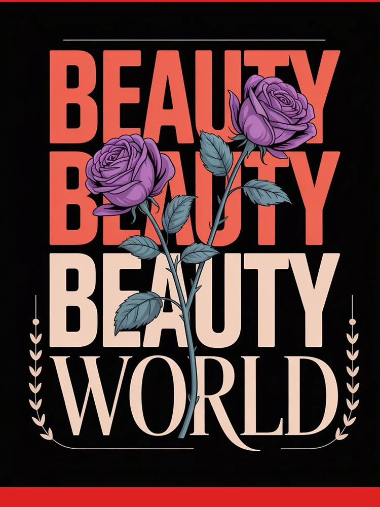 Bold Graphic "Beauty World" T-Shirt Design with Purple Roses Classic T-Shirt