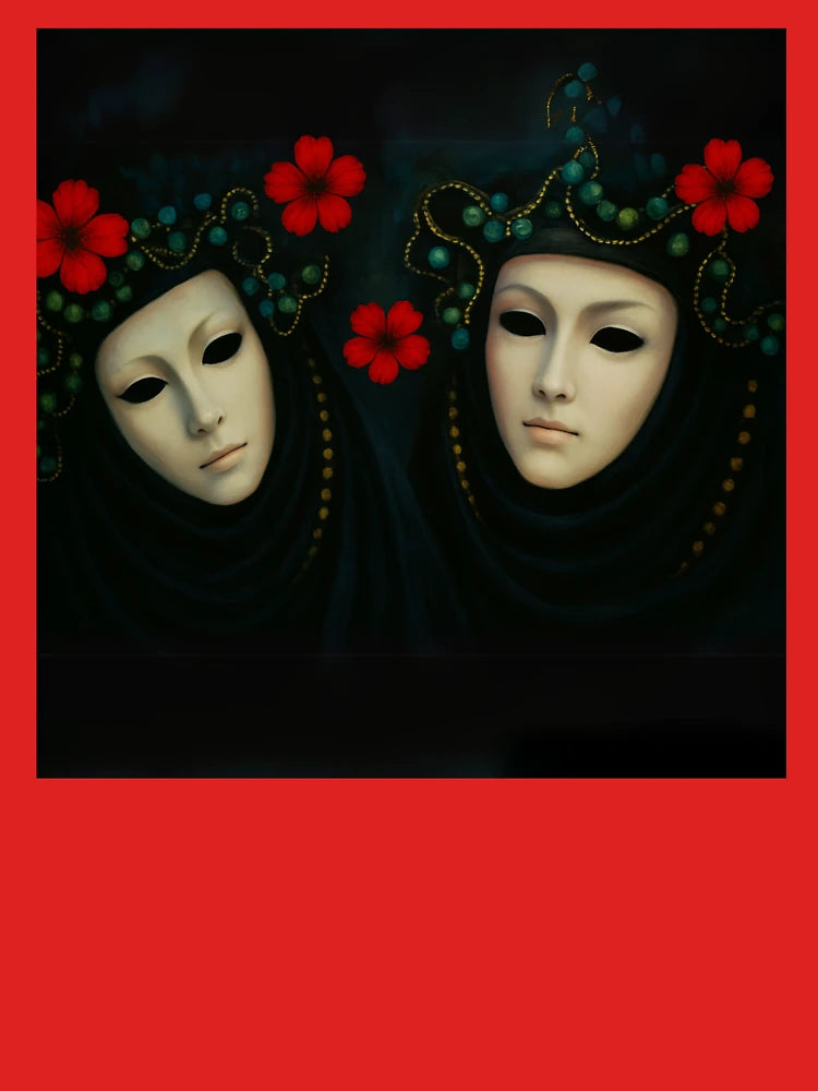Masked Duo in Black with Red Flowers Classic T-Shirt