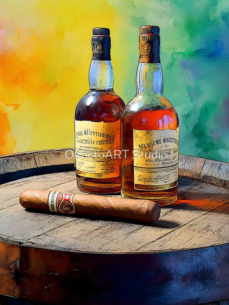 Whiskey Bottles and Cigar on Wooden Barrel - Lively Rainbow-Colored Background Classic T-Shirt