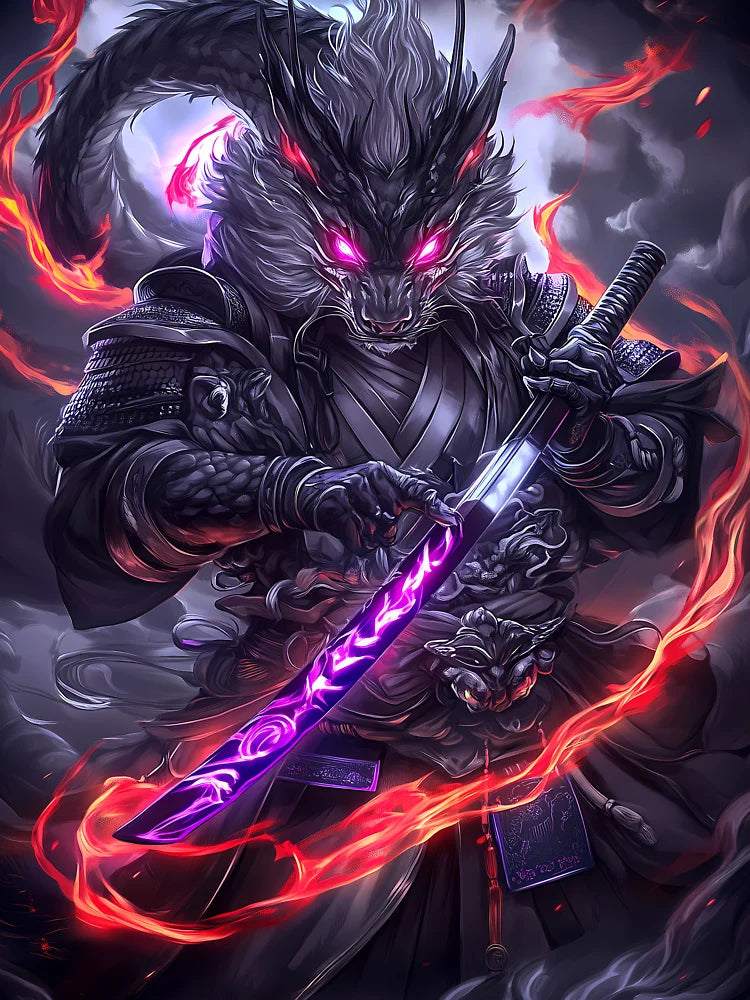 Beasts Forged Dragon Samurai Glowing Sword Purple Flame Warrior Mythical Beast Classic T-Shirt