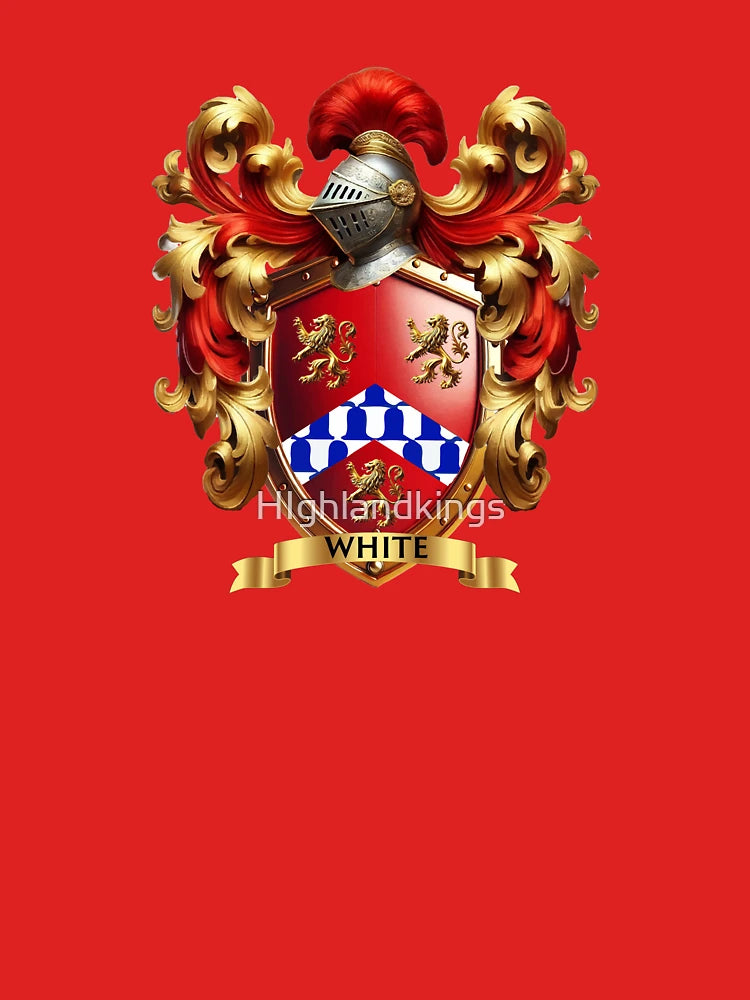 White Family Crest  Red Shield with Chequy Chevron & Golden Lions Classic T-Shirt
