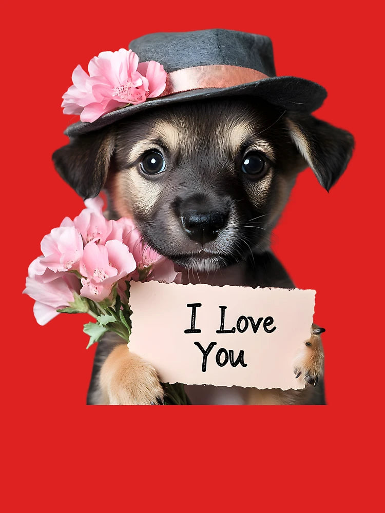 Romantic Puppy with Flowers and I Love You Sign – Cute Valentine Art Classic T-Shirt