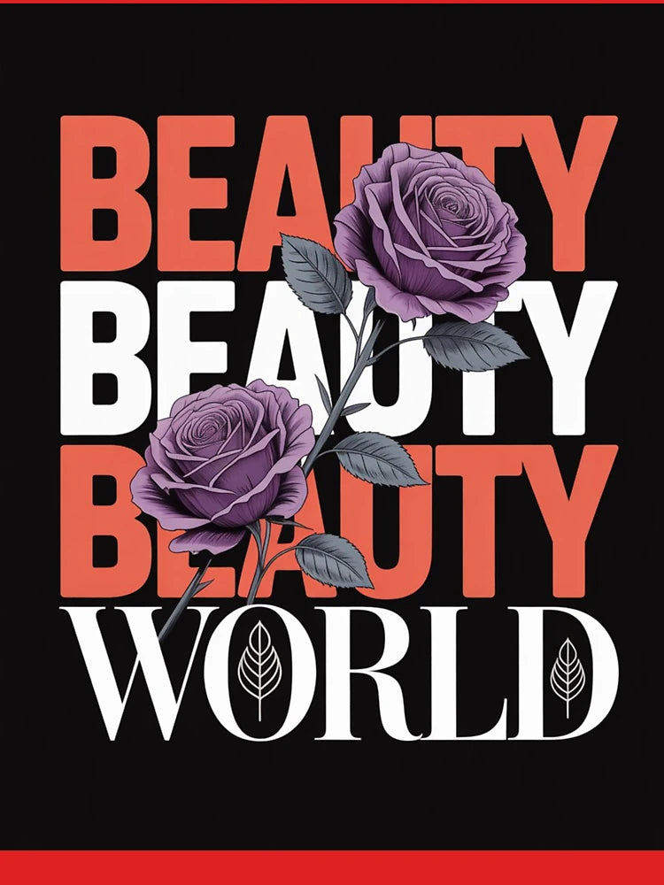 Beauty World Graphic T-Shirt – Bold Typography & Purple Rose Design Classic T-Shirt