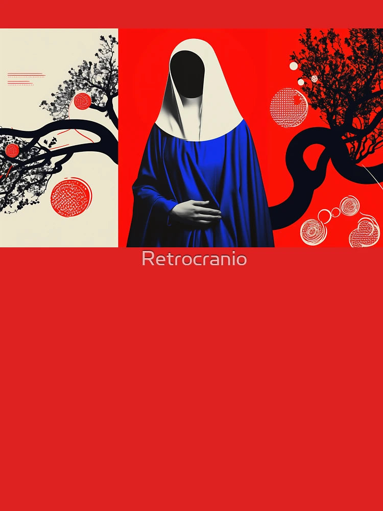 Faceless Madonna in Blue with Abstract Tree and Red Background Classic T-Shirt