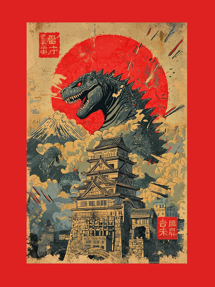Red Sun Dinosaur Retro Japanese Video Game Box Art Classic T-Shirt
