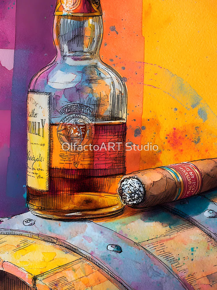 Whiskey Bottle and Cigar on Wooden Barrel - Vibrant Multicolored Splashes and Abstract Patterns Classic T-Shirt