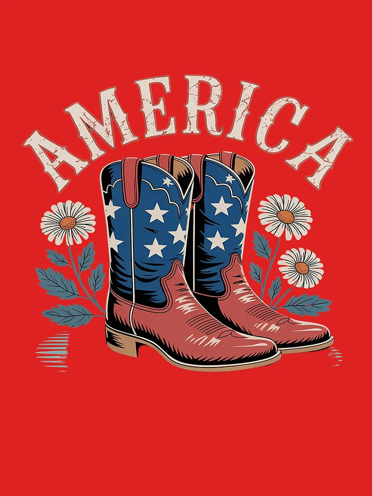 America Blue Red White Boots & Flowers Patriotic 4th Western Classic T-Shirt