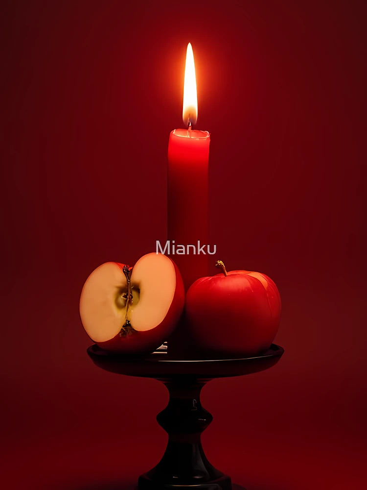 Burning candle with red apple on rustic board Classic T-Shirt