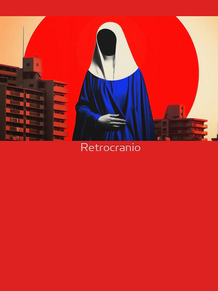 Faceless Madonna in Blue Robes with Red Halo and Urban Skyline Classic T-Shirt