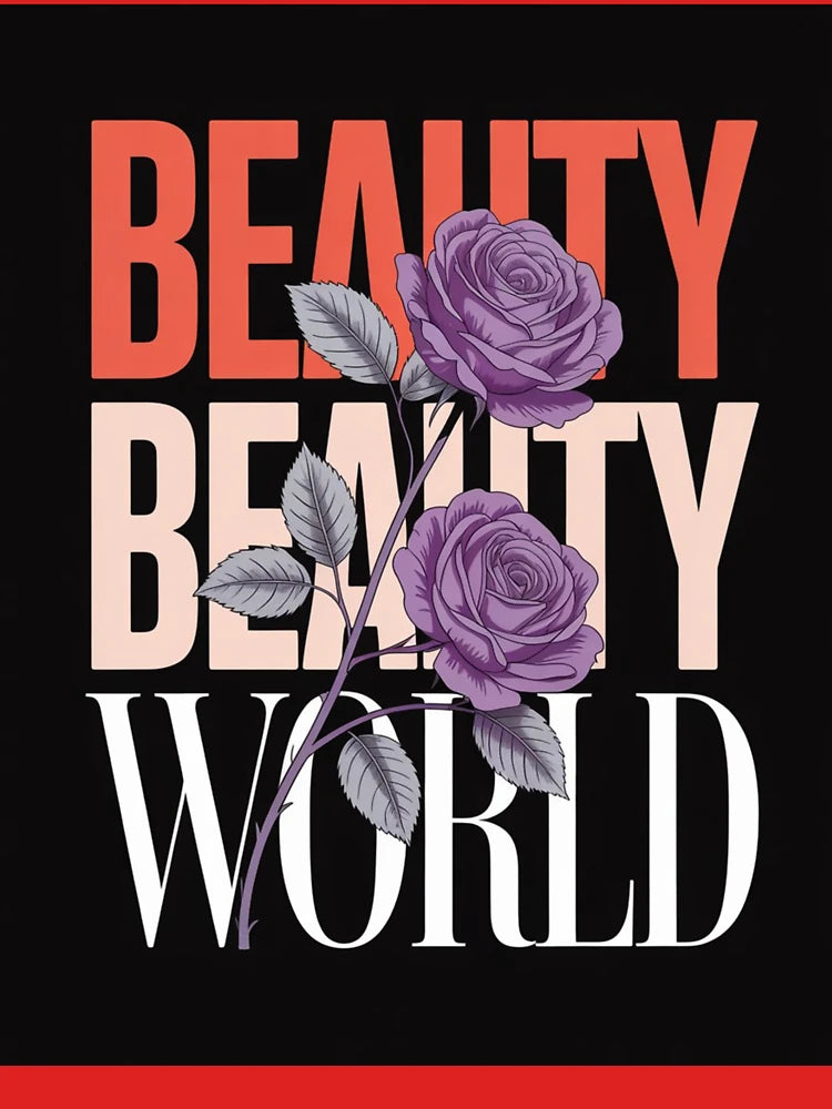 Elegant "Beauty World" Graphic Design with Purple Roses Classic T-Shirt
