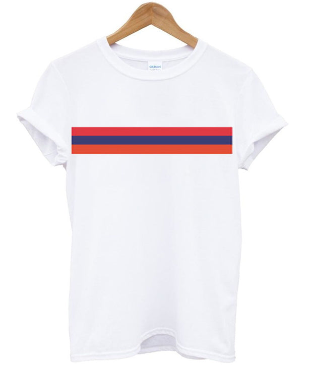 red blue orange strips accross t-shirt