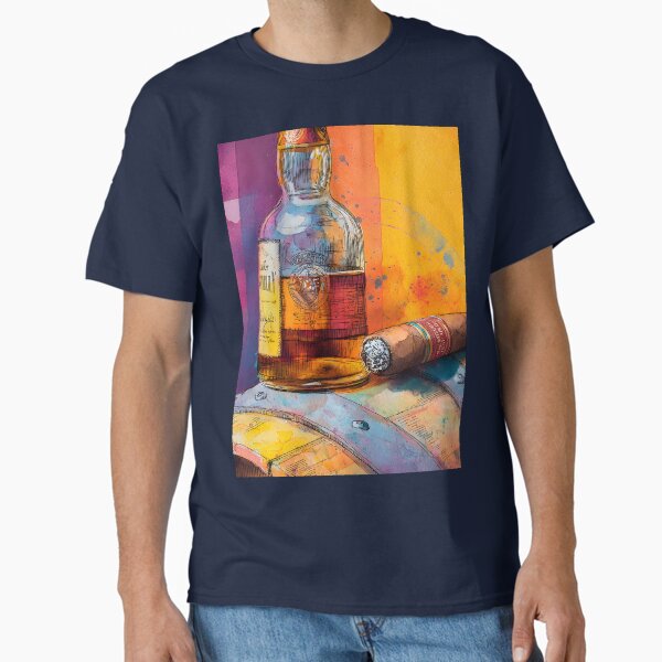 Whiskey Bottle and Cigar on Wooden Barrel - Vibrant Multicolored Splashes and Abstract Patterns Classic T-Shirt