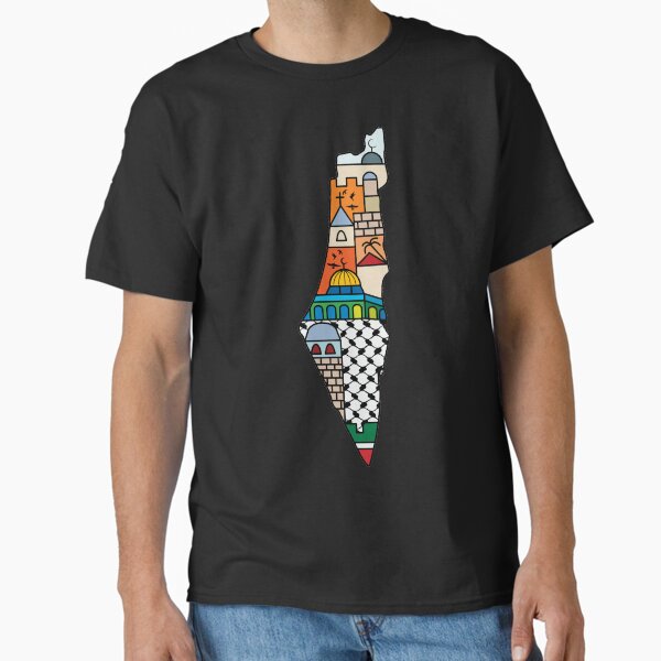 I Love Palestine My Homeland Palestinian Map with Kufiya Hatta Pattern and Most Sacred Cites -wht Classic T-Shirt