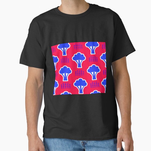 Modern Blue Broccoli Art On Red Pattern Classic T-Shirt
