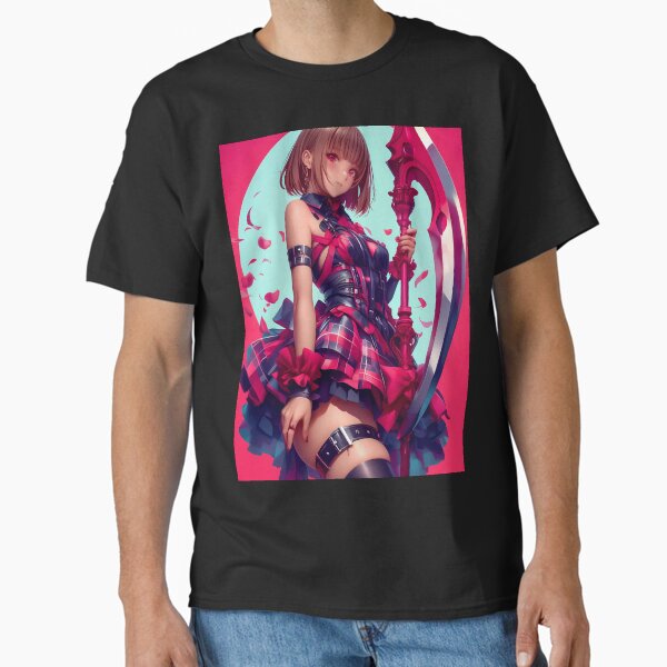 Anime Crimson Warrior Girl Holding Scythe Gothic Checkered Dress Classic T-Shirt
