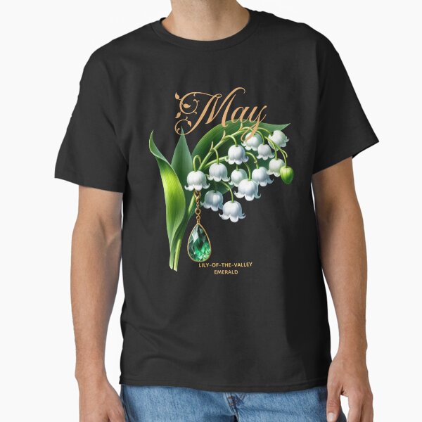 May Birth Flower Boho Floral Graphic Lily of the Valley & Emerald – Elegant Gold Script Design Classic T-Shirt