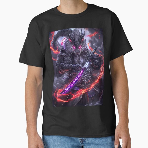 Beasts Forged Dragon Samurai Glowing Sword Purple Flame Warrior Mythical Beast Classic T-Shirt