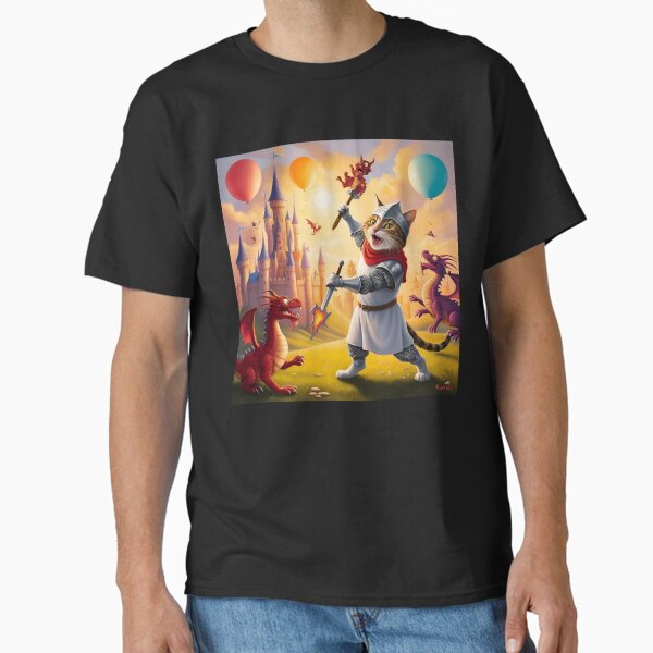 Knight cat with fiery red dragon Classic T-Shirt
