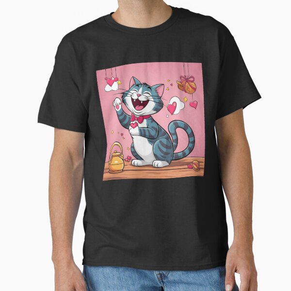 Laughing cute cat with red hearts Classic T-Shirt