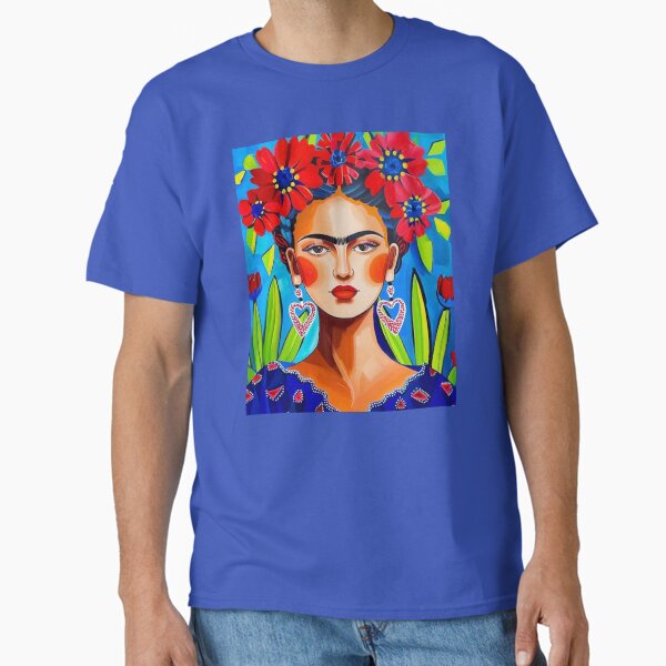Frida Blue and Red Flowers Mexican Folk Art  Classic T-Shirt