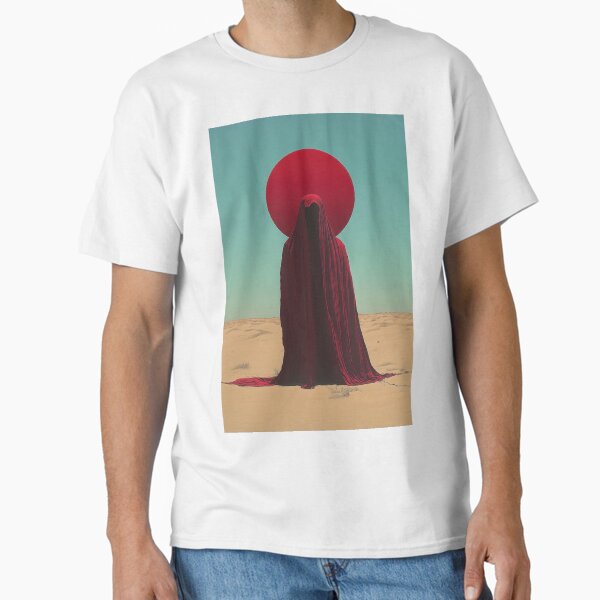 Mysterious Red Cloaked Figure in Desert with Crimson Halo Classic T-Shirt