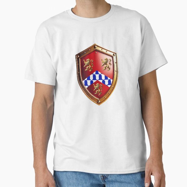 White Heraldic Shield Chequy Blue Chevron & Golden Lions on Red Classic T-Shirt