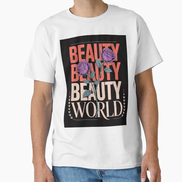 Bold Graphic "Beauty World" T-Shirt Design with Purple Roses Classic T-Shirt