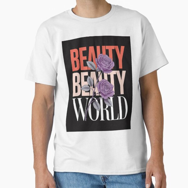 Elegant "Beauty World" Graphic Design with Purple Roses Classic T-Shirt