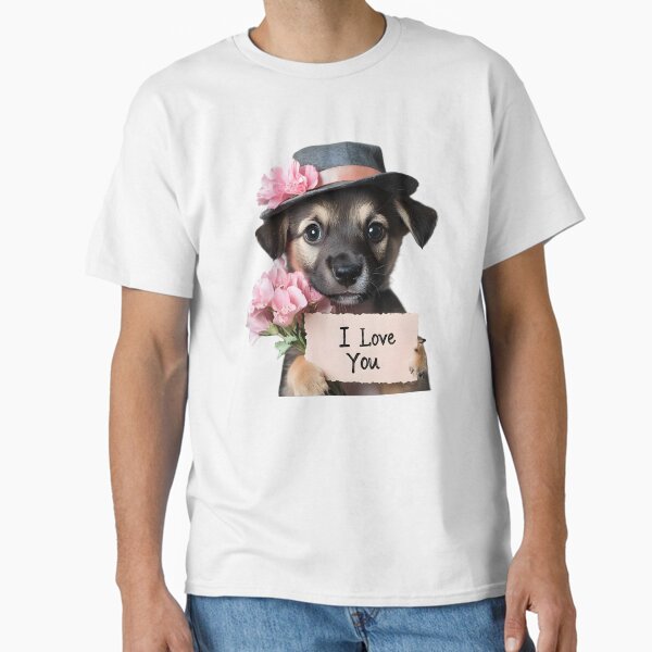 Romantic Puppy with Flowers and I Love You Sign – Cute Valentine Art Classic T-Shirt