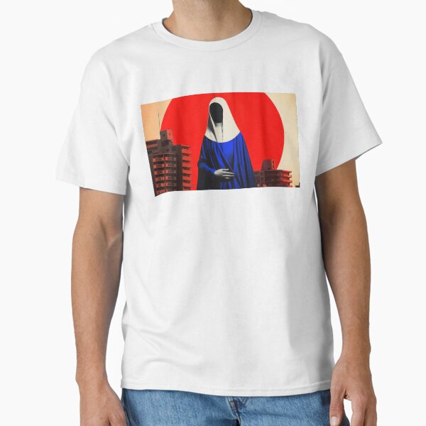 Faceless Madonna in Blue Robes with Red Halo and Urban Skyline Classic T-Shirt