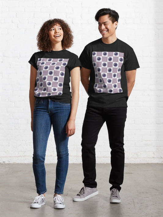 Purple Floral Diagonal Checkered Pattern Classic T-Shirt