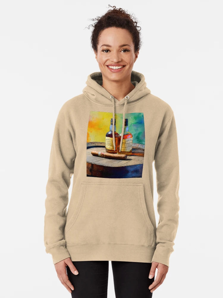 Whiskey Bottles and Cigar on Wooden Barrel - Lively Rainbow-Colored Background Classic T-Shirt