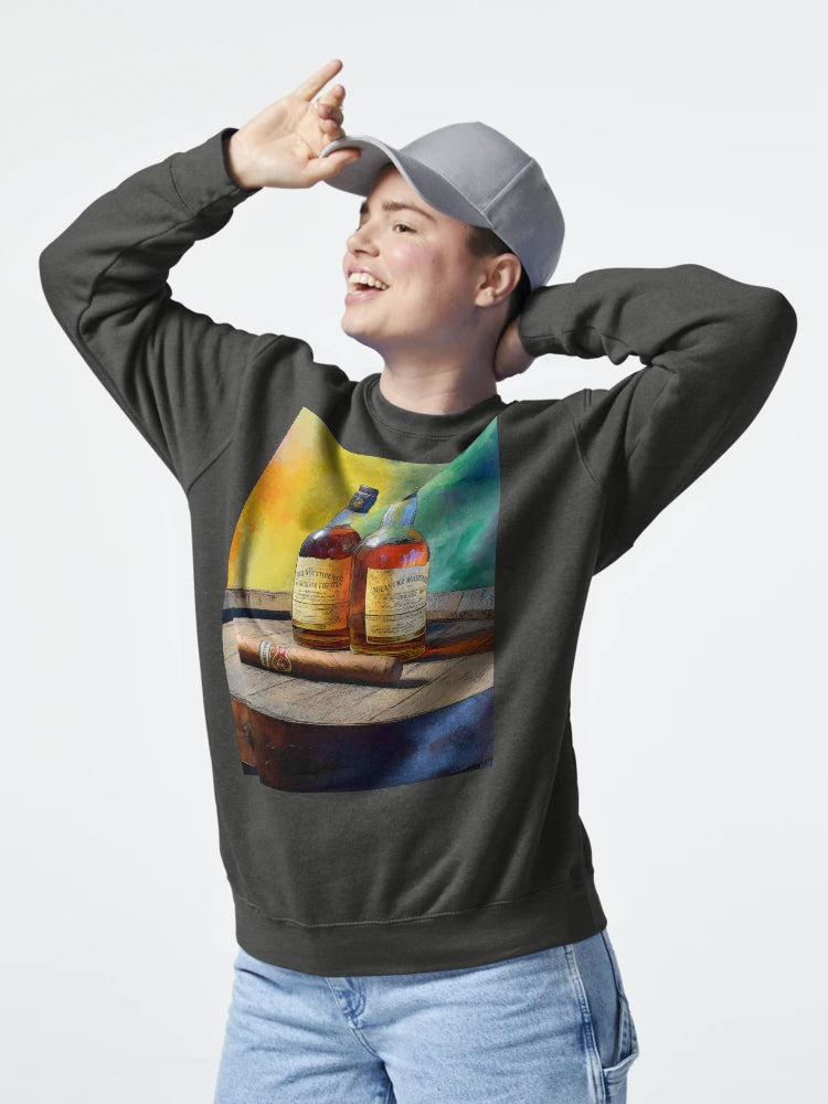 Whiskey Bottles and Cigar on Wooden Barrel - Lively Rainbow-Colored Background Classic T-Shirt