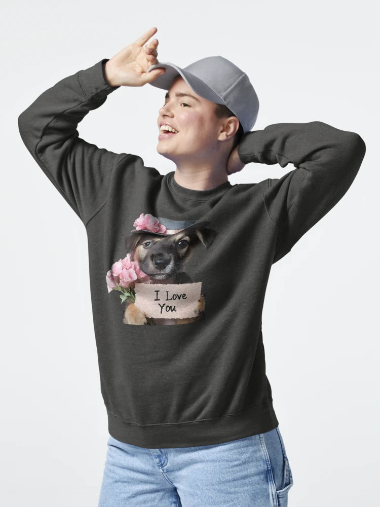 Romantic Puppy with Flowers and I Love You Sign – Cute Valentine Art Classic T-Shirt