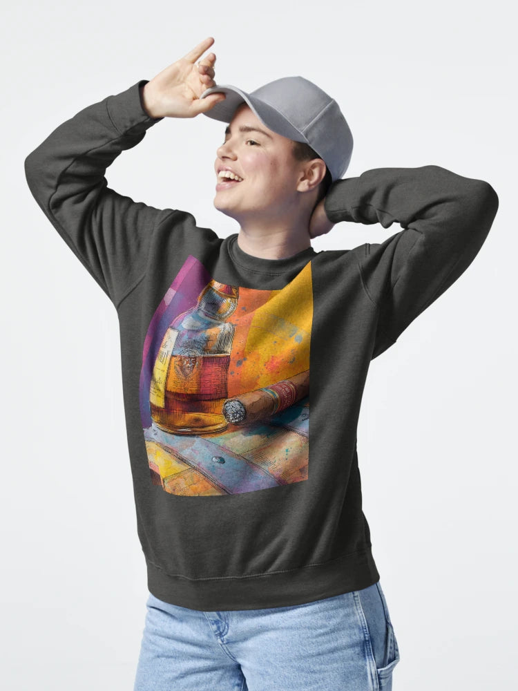 Whiskey Bottle and Cigar on Wooden Barrel - Vibrant Multicolored Splashes and Abstract Patterns Classic T-Shirt