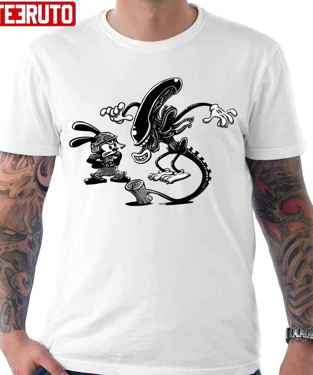 Oswald The Lucky Rabbit Vs Alien Black Unisex Hoodie