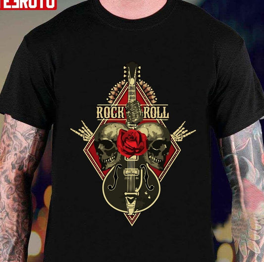 Rock And Roll Guitar Skulls Roses Retro Vintage Style Unisex T-Shirt