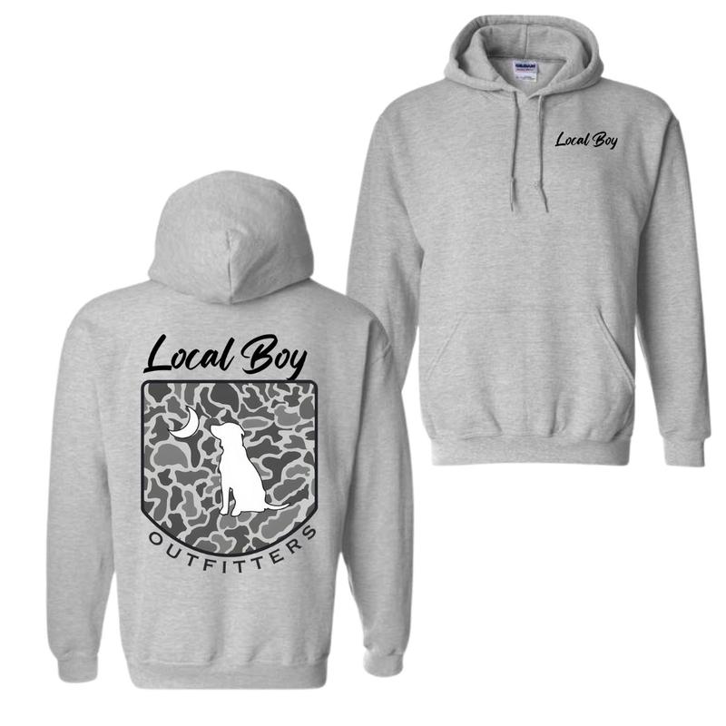 Local Boy Outfitters Hoodie Classic Camouflage Design Featuring a Dog and Moon Graphic, Ideal for Nature Lovers and Outdoor Style