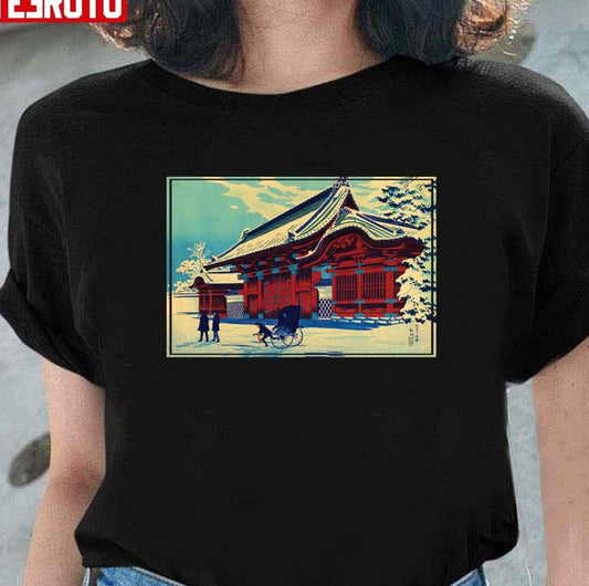 Snowfall Red Gate At Hongo By Shotei Takahashi Unisex T-Shirt