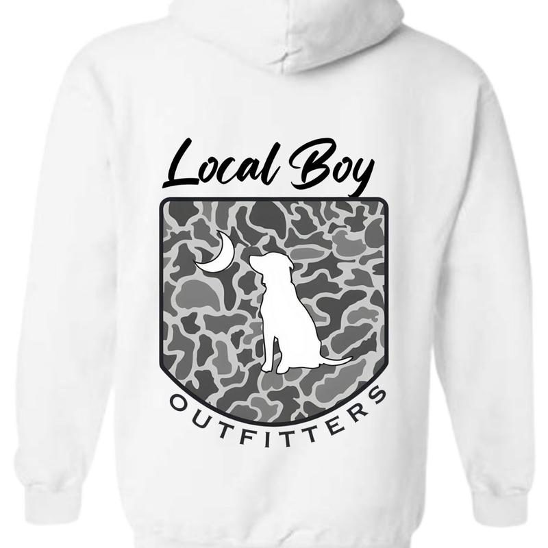 Local Boy Outfitters Hoodie Classic Camouflage Design Featuring a Dog and Moon Graphic, Ideal for Nature Lovers and Outdoor Style