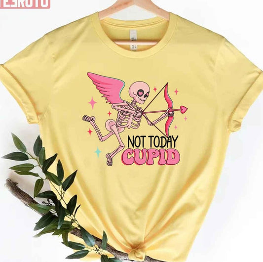 Skeleton Valentines Not Today Cupid Skeleton Valentine Cute Bones Pink Aesthetic Skull Anti Valentines Unisex T-Shirt