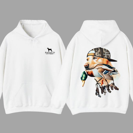 Bold Hunting Dog with Duck Graphic, Perfect for Outdoor Enthusiasts and Waterfowl Hunters, Unisex Hoodie