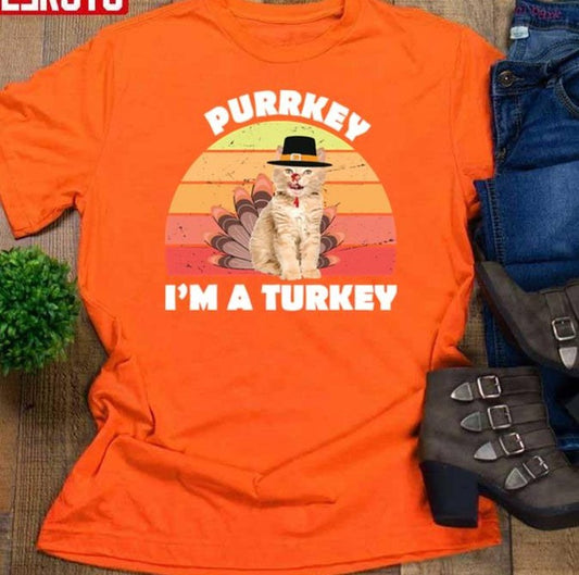 Purrkey Turkey Cat Funny Thanksgiving Retro Vintage Unisex T-Shirt