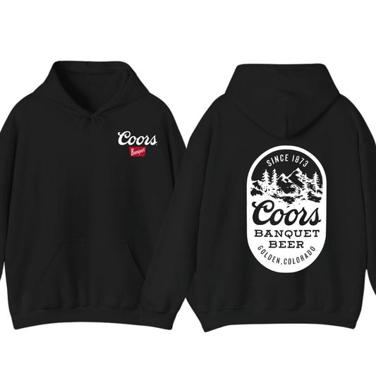 Coors Banquet Beer Hoodie - Classic Logo Design with Mountain and Forest Graphics, Men's Sweater - Menswear