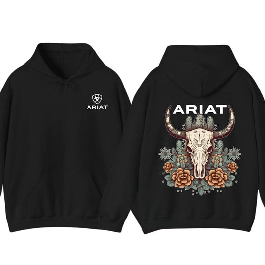Ariat Hoodie - Tshirt, Featuring A Bull Skull Design With Unique Cactus Floral Patterns, Perfect For Outdoor Adventures, Casual, Classic Fashion Cotton Underwear Shirt Womenswear And Menswear Comfort