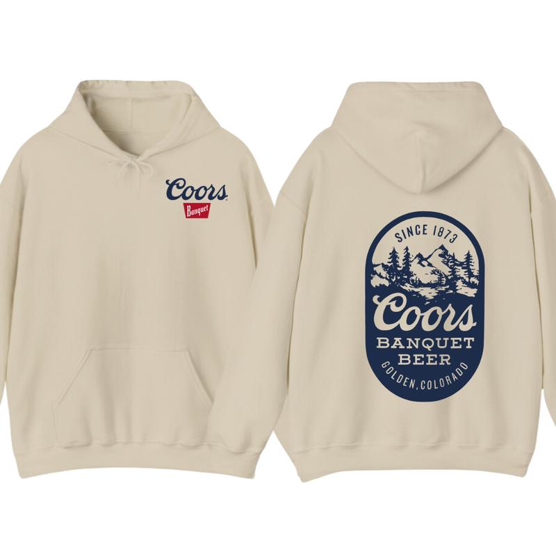 Coors Banquet Beer Hoodie - Classic Logo Design with Mountain and Forest Graphics, Men's Sweater - Menswear