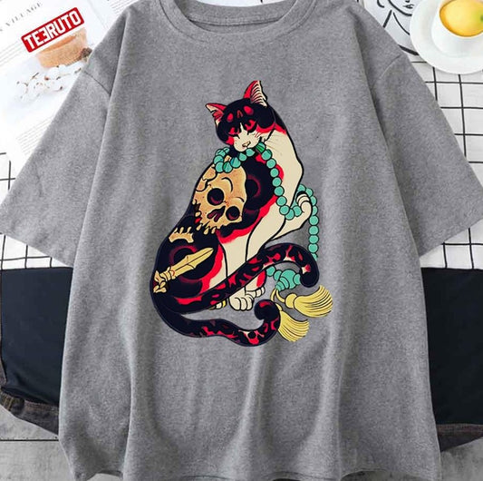Antique Japanese Woodblock Print Cat With Flower Unisex T-Shirt